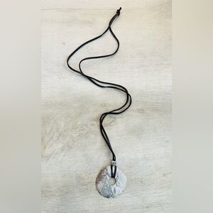 Round Silver Pendant Necklace on Black Cord